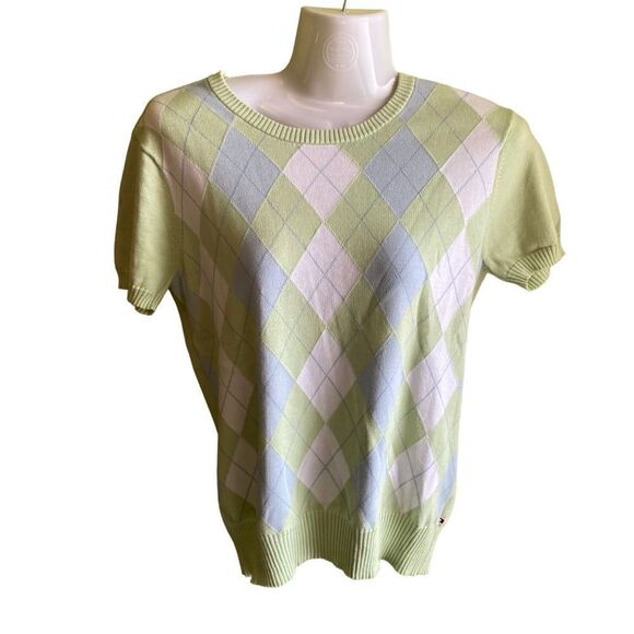 EUC Tommy Hilfiger Green and Blue Argyle Short Sleeve Sweater - Picture 4 of 11